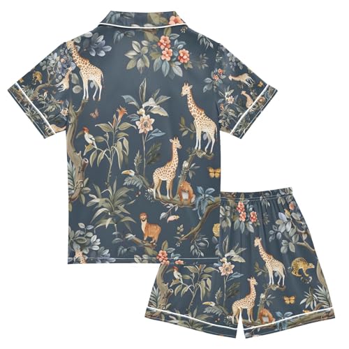senya Animals on Giraffe Satin Summer Pajama Sets Silk Short Sleeve Button Down Sleepwear2