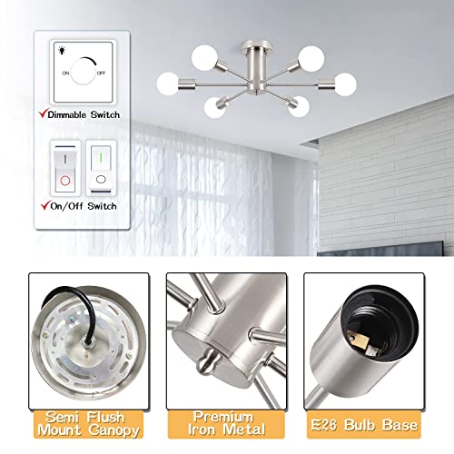 Ljhhowe 6 Lights Ceiling Light Fixture Brushed Nickel Sputnik Chandeliers Semi Flush Mount Ceiling Lamp Mid Century Modern Chandelier For Bedroom Dining Room Foyer Kitchen Living Room #TOP5