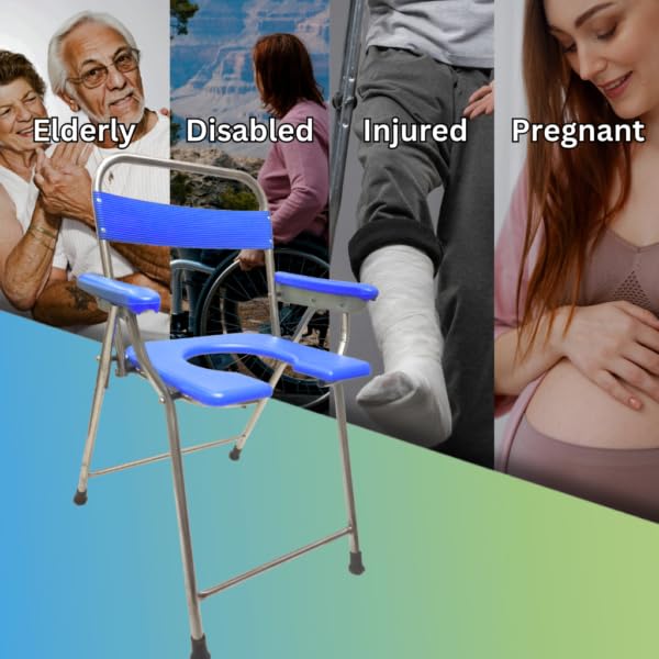 Image of Stainless Steel Toilet Chair, Foldable, Stainless Steel Commode, Bathroom Chair, for Elderly, Disabled and Pregnant Women, Lightweight, Portable, Anti-Skid, Support Upto 100Kg (Blue, Normal)
