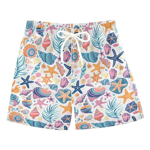 ALAZA Summer Shell Palm Leaves Starfish Cartoon Boys Quick Dry Beach Board Shorts Kids Swim Trunks Bathing Suit Swimsuit 4T