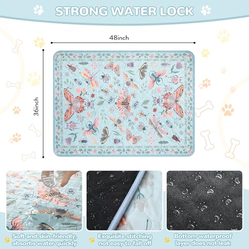 Image of Lahome Insect Washable Reusable Pee Pads for Dogs, 2 Pack, Blue, 36x48 | Waterproof, absorbent pet mats with non-slip backing and butterfly print; suitable for crates, floors and potty training.