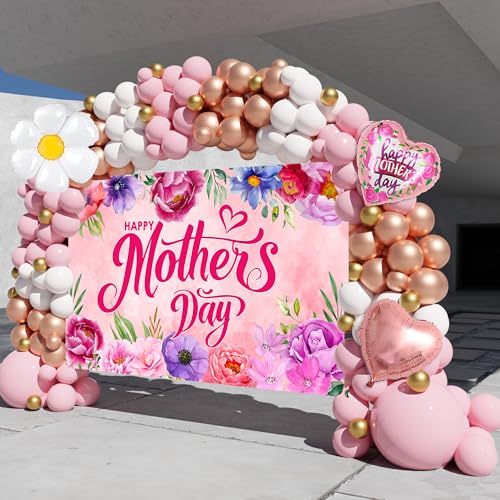 Mothers Day Decorations 153PCS Mothers Day Decorations for Party Pink Rose Gold Balloons with Large Happy Mothers Day Banner Backdrop Mothers Day Balloon Arch Kit
