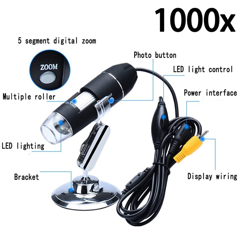 Microscope 1000X Zoom HD USB Microscope Handheld Portable Digital USB Interface Electron Microscopes with Led Ring Light(AV)