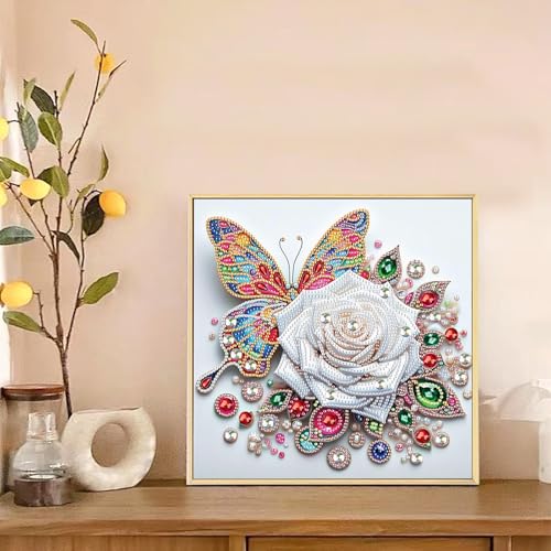 Image of 5D Special Shape Diamond Art Kits for Beginners, Diamond Painting Kits for Adults, Crystal Rhinestones Diamond Painting for Home Wall Decoration Gift 12x12 inch /30x30 cm, Butterfly and White Rose