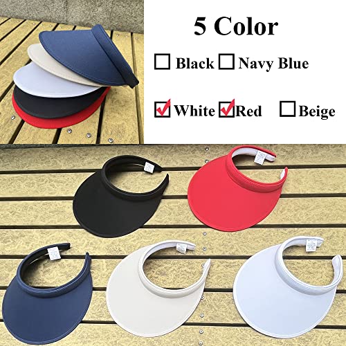 2 Pack Sports Visor Women Sun Hat Slip-On Cap Men Big Brim Wide Large Head Sports Adjustable Beach Cloth Golf Outdoor (Red,White) #TOP6