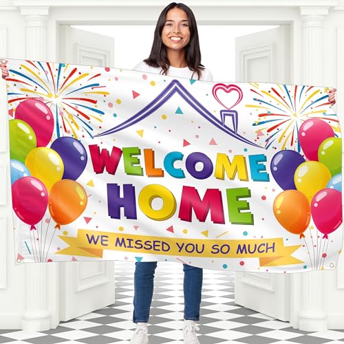 BRAVITA Welcome Home Banner - Welcome Home Decorations - Welcome Back Banner 5x3 ft - Welcome Back Decorations Office - Double Stitched (White)