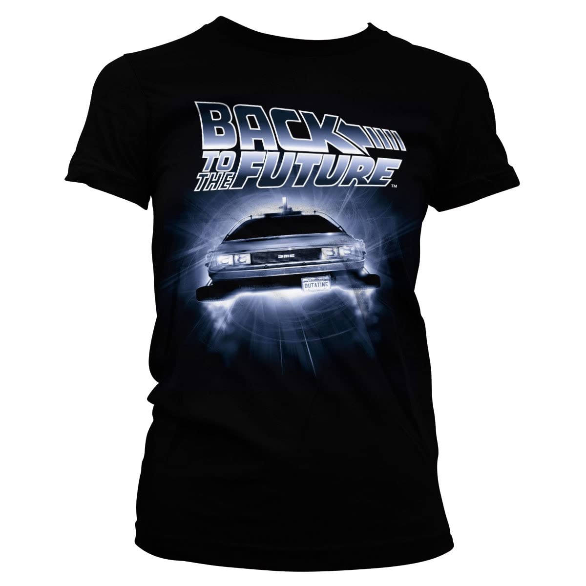 Back To The Future Women's Black Officially Licensed Flying Delorean T-Shirt (Black), Small