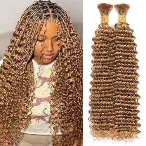 100% Unprocessed Human Hair for Braiding #27 Honey Blonde Pre-Separated Curly Bulk Hair 12A Grade Boho Braiding Hair Extensions Deep Natural Soft Texture 14 Inch 100g 2 Bundles