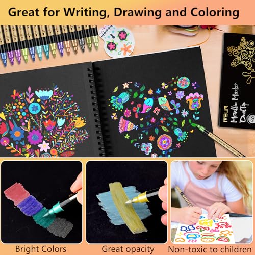 Image of Metallic Marker Pens, 12 Colors Dual Tip Acrylic Paint Pens for Black Paper, Scrapbooking, Photo Album, Rock Painting, Paint Marker for DIY Arts & Crafts, Glass, Wood, Card Making, Scrapbook Supplies