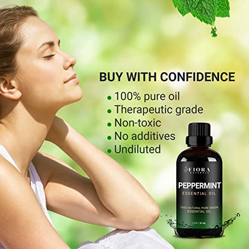 Image of Peppermint Essential Oil by Fiora Naturals - 100% Pure Peppermint Oil for Hair Growth, Skin and Scalp Acne, Diffuser, DIY soap, and Candle Making. Pure Mentha Piperita Oil