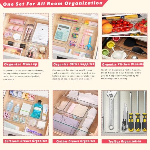 Image of TONY STARK 20-Piece Unbreakable /Non scratchable Drawer Organizer Set|Multi-Purpose Storage & Divider Trays in 4 Sizes|Dressing Table & Cosmetic Organizer|Kitchen, Office & Bedroom (Clear Transparent)