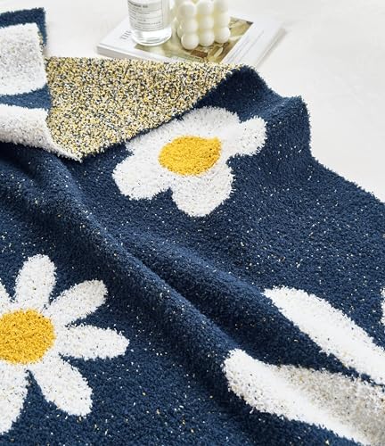 Image of Ultra Soft Cozy Daisy Sunflower Knitted Throw Blanket Fluffy Microfiber Checkerboard Bed Blanket Lightweight Both Sides Blanket for Couch Sofa Bed (Daisy Bule, Baby 30 inchx40 inch)