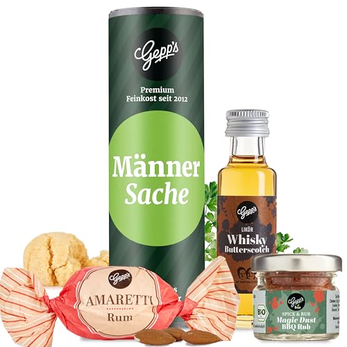Gepp's Feinkost Geschenkset 'Herrengedeck' I Gourmet Geschenkkorb mit Butterscotch-Whisky-Likör, Amaretti-Rum und BBQ Rub-Gewürz als kleines Geschenk I Probierset...
