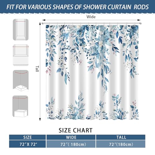 Image of Eucalyptus Shower Curtain, Aesthetic Art Watercolor Plant Leaves with Floral Bathroom Decor, Waterproof Fabric Cloth Bath Curtain Set with Hooks (Blue, 72 inch W x 72 inch L)