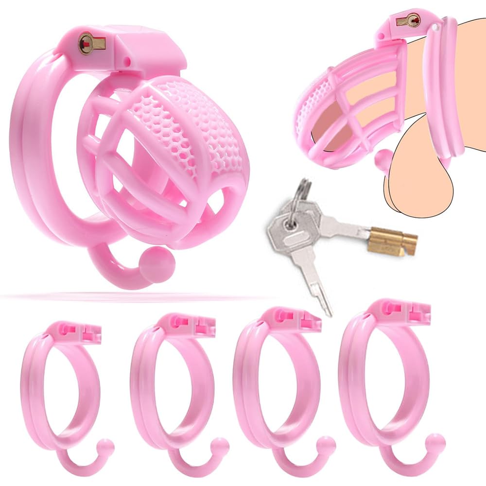 Male Chastity Cage Ventilated Penis Cage Honeycomb Chastity Devices for Men, Lightweight Cock Cage with 4 Hooked Penis Ring Invisible Lock Adult Sissy Chastity Bondage SM Sex Toys (Pink, S) S Pink