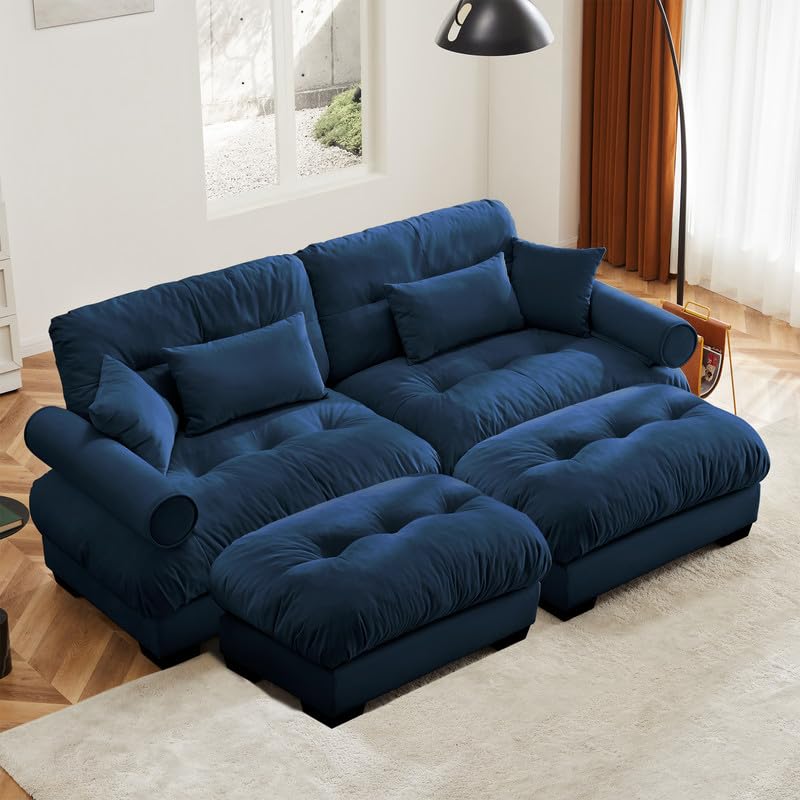 Ball &amp; Cast 93.7" Loveseat Modular Sectional Sofa,Modern Oversized 2 Seater L-Shaped Couch with Round Bolster Armrest,Waist Pillow and Throw Pillows,for Living Room,Home Theater,Apartment,Velvet,Blue
