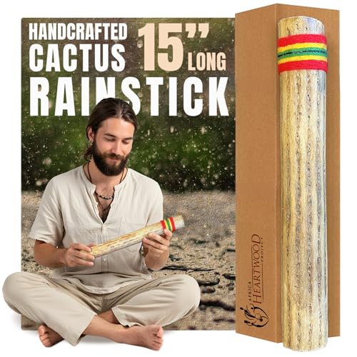 Africa Heartwood Project 15 Cactus Rainstick from Chile - Authentic Handcrafted Rain Stick Musical Instrument with Rasta Yarn Wrap and Durable Sealant