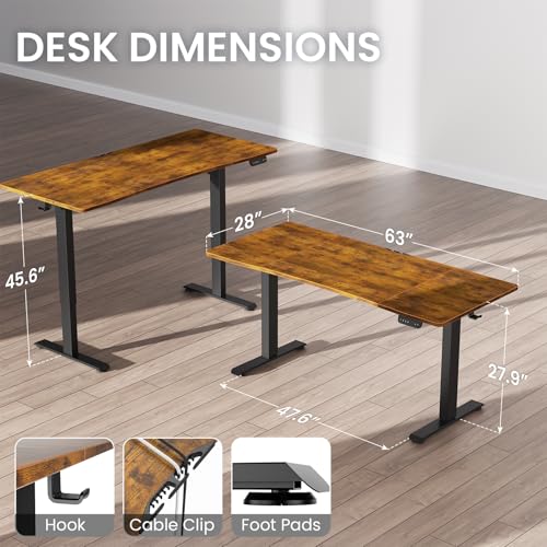 Image of Veken 63 x 28 Inch Electric Standing Desk with Adjustable Height, Sit to Stand Computer Table for Study, Work or Gaming, Home Office Desk Brown