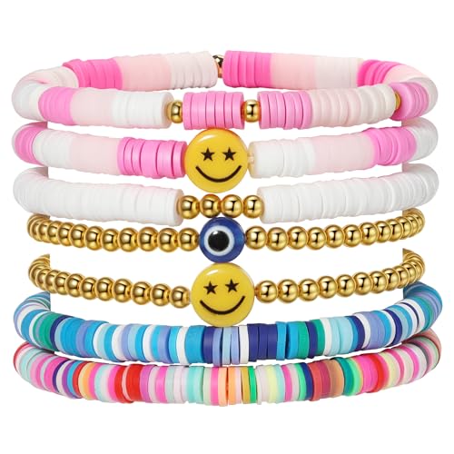 Image of Preppy Bracelets Set Colorful White Gold Smile Heart Star Polymer Beaded Pearl Clay Stackable Charm Y2K Kidcore Aesthetic Summer Beach Bohemian Stretch Layering Bracelets Jewelry for Girls Women Teens