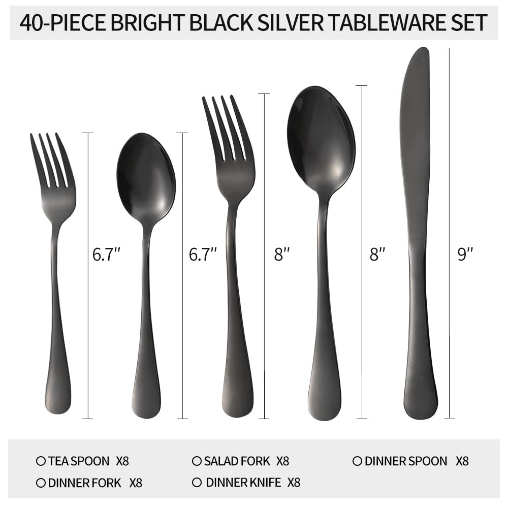 Xingjiake Black Silverware Set, 40 Piece for 8, Stainless Steel view 2