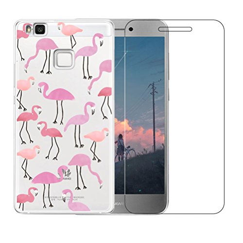Funda Huawei P9 Lite [con Protector de Pantalla de Vidrio Temperado] Blossom01 Ultra Fina de Gel de Silicona TPU Carcasa Huawei P9 Lite (Flamenco)
