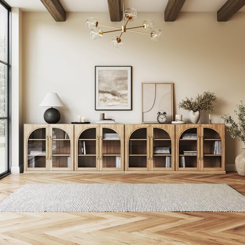 Image of BELLEZE Set of 2 65 inch Arched Sideboard with Glass Door, Accent Buffet Cabinet with Storage and Adjustable Shelves, Classic Modern Large Console Sideboard for Living Room Kitchen Entryway (Camel)
