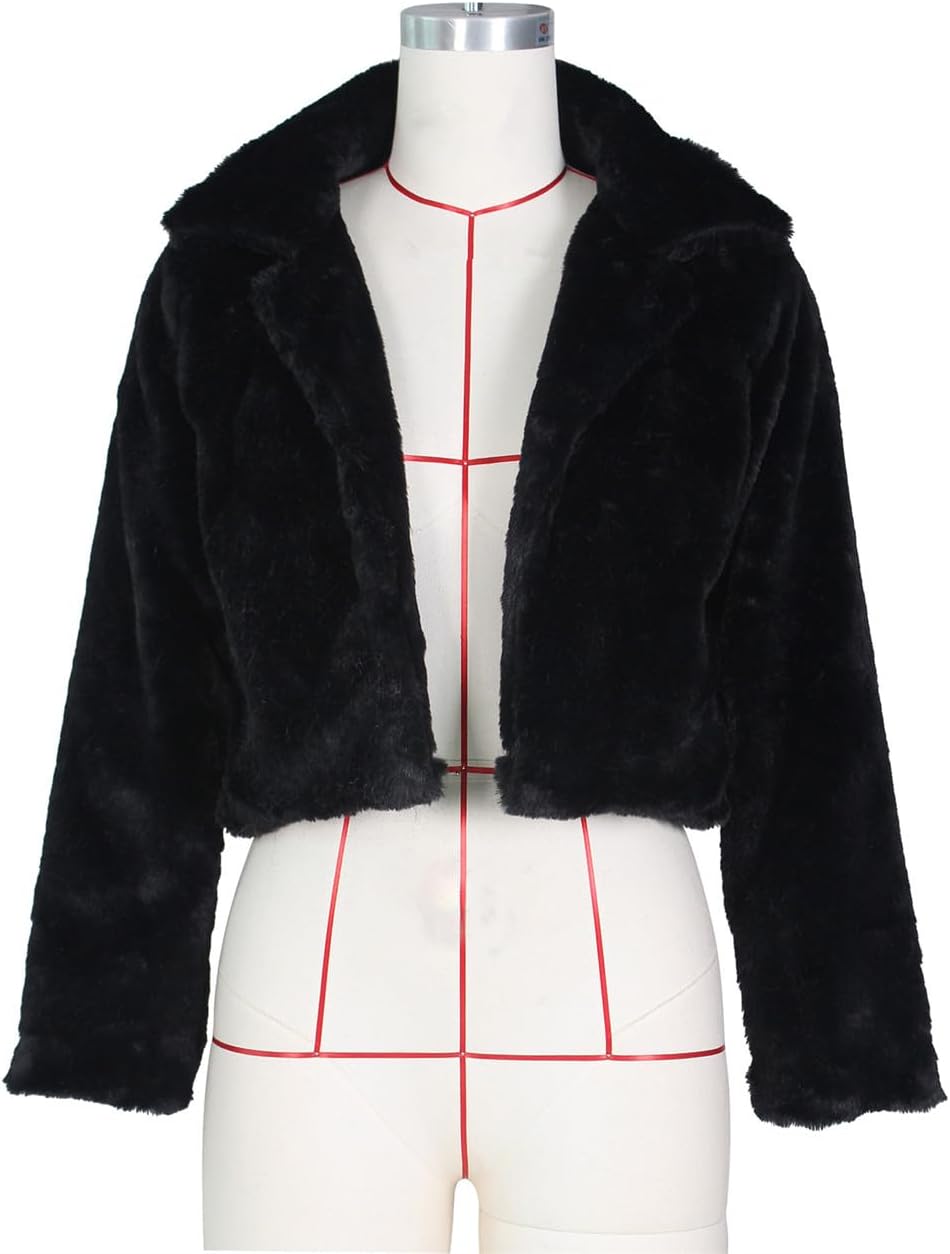 Womens Lapel Collar Open Front Fluffy Faux Fur Cropped Coats Jackets - Image 4