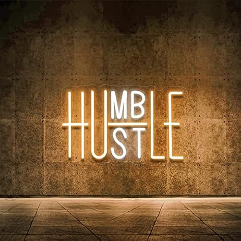 Hustle LED Neon Sign for Wall Decor, Humble Party Decorations, USB Powered Switch Adjustable Brightness LED Neon Lights, for Office Room, Gym Room, Man Cave Decor (Yellow&White) Cover