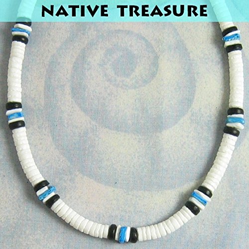 Native Treasure 15 Inch Mens/Womens White Clam Heishe Puka Shell Necklace Blue Chip 2 Black Coco Surfer Beach Necklace - 8Mm (5/16") #TOP4