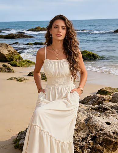 Image of GRACE KARIN Women's Summer Maxi Dress 2026,Smocked Ruched Bust Sundress with Adjustable Straps & Pockets-Beach Vacation Dress