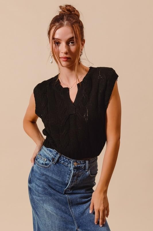 Notched Neck Cable Knit Sweater Vest2