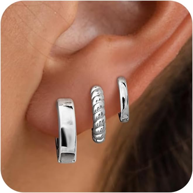 Small Hoop Earrings for Women - Dainty Silver Earrings Trendy 925 Sterling Silver Plated Hypoallergenic Huggie Twisted Hoops Earring Set for Women No Tarnish Jewelry Gift