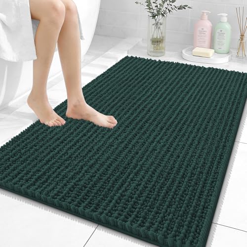 Image of OLANLY Bathroom Rug Mat 40x32, Thick Soft and Absorbent Chenille Bath Mat, Non-Slip Rubber Backing, Machine Washable Quick Dry Bath Rugs for Tub Shower Floor, Home Decor Accessories, Blackish Green