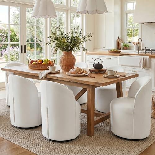Image of HNY Upholstered Swivel Dining Chairs Set of 2, Mid Century Modern Kitchen Round Velvet Dining Room Chairs, Barrel Comfy Armless Accent Makeup Vanity Side Chairs for Living Room, White