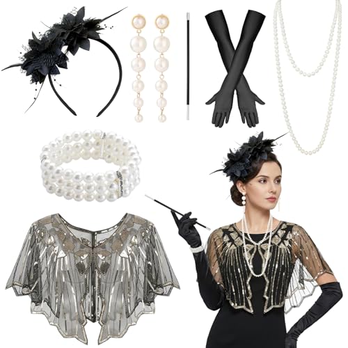 Dongcill 20er Jahre Kostüm Damen 8-teiliges Great Gatsby Accessoires 1920er Jahre Kleid Zubehör Set mit Kopfbedeckung Handschuhen Halskette Armband Ohrringen für Karneval Halloween
