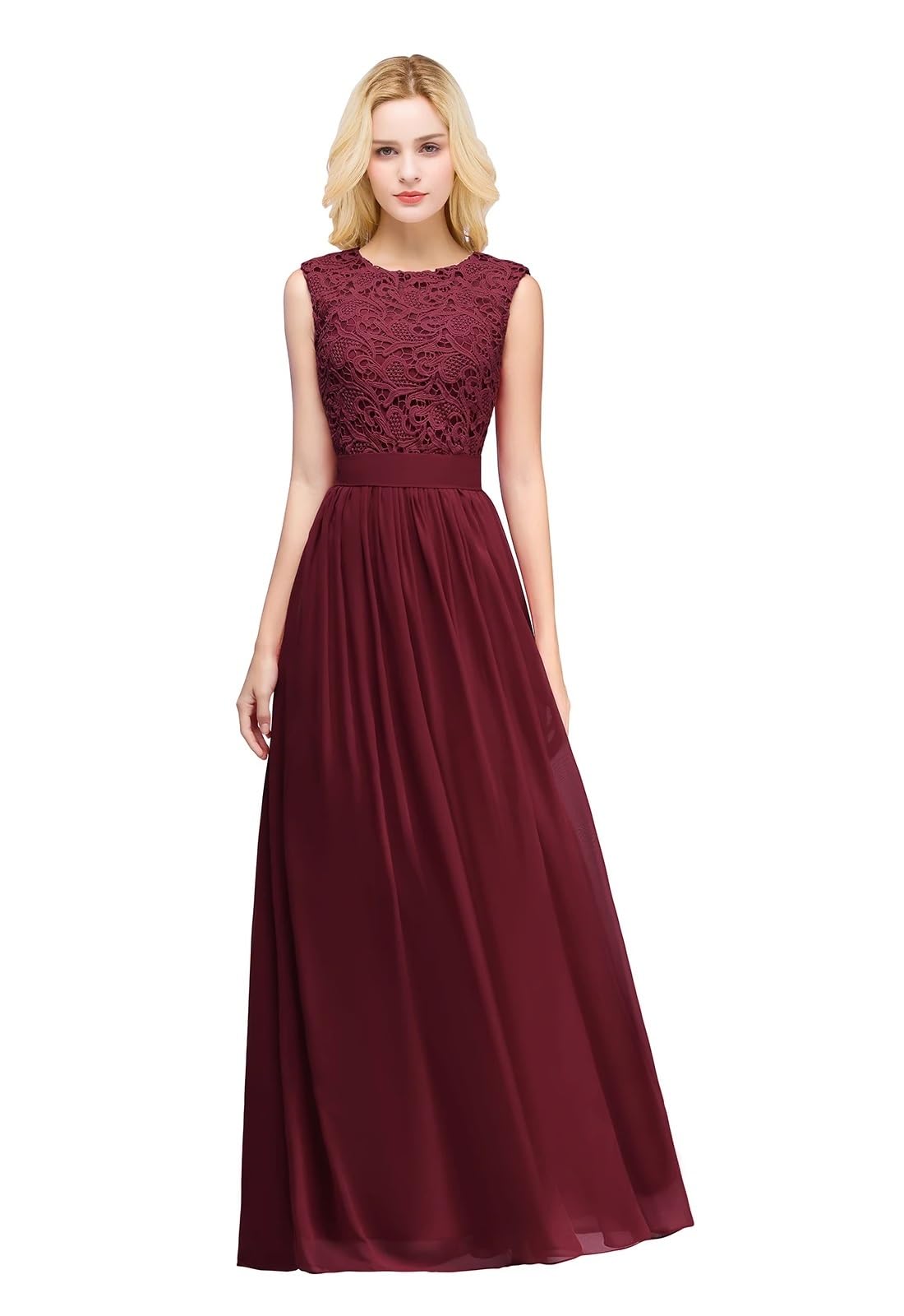 Vestido Dama de Honor Vestidos de dama de honor de gasa burdeos, vestidos elegantes de encaje largos for invitados de fiesta de boda, vestidos de fiesta de noche, ocasiones formales(Burgundy,10)