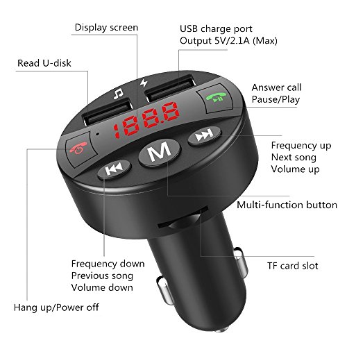 Auledio Bluetooth FM Transmitter, Wireless in-Car FM Transmitter Radio Adapter Hands Free Car Kit with 5V/2.1A USB Car Charger Support TF Card and USB Flash Drive - Thumbnail 6