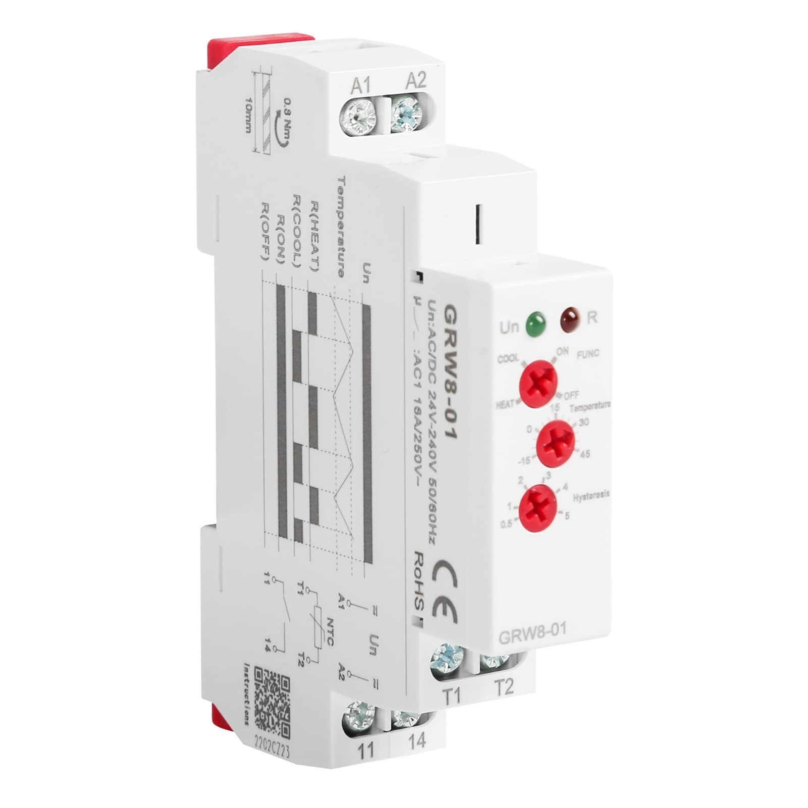 DEWIN Relè Din Controllo Temperatura,GRW8-01 Termoregolatore Installazione su guida DIN Relè Del Regolatore Di Temperatura AC/DC 24V‑240V