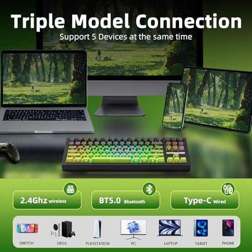 Image of ZORNHER ZH870 Wireless Mechanical Gaming Keyboard,80% Green Custom Creamy Sound Keyboard with Shine Through PBT Keycaps,Pre-lubed Linear Switches,Hot-Swappable,RGB Backlit,2.4GHz /USB-C /BT5.0