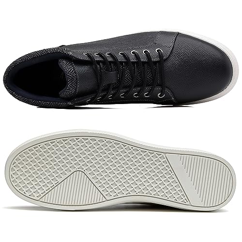 Men's Black Leather Mid Top Casual Oxford Sneaker Boot Embossed Lychee Pattern Genuine Leather Upper Fashion Design Daily Walking Shoe for Men Size 10.53