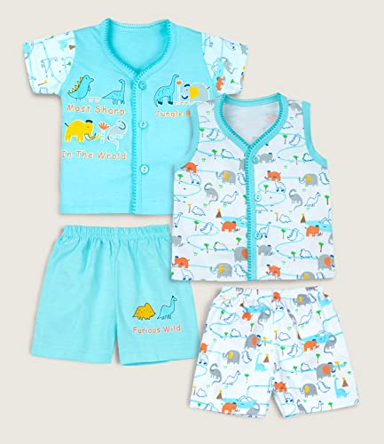 Image of mustmom Newborn Baby Cotton Jhabla Set | 0-3 Months | Combo of 1 T-Shirt, 1 Vest & 2 Shorts | Soft Breathable Summer Wear for Boys & Girls