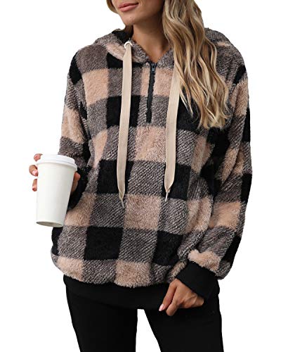 ReachMe Womens Oversized Sherpa Hoodie with Pockets Plaid Fleece Pullover