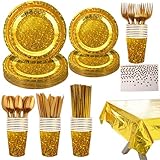 Sparkling Star Patterned Disposable Tableware Set, 201 Pieces, Tablecloths, Cutlery, Napkins, Cups, Straws, Plates for Parties, Birthdays, Graduations, Kids Events. 25Guest (Gold)