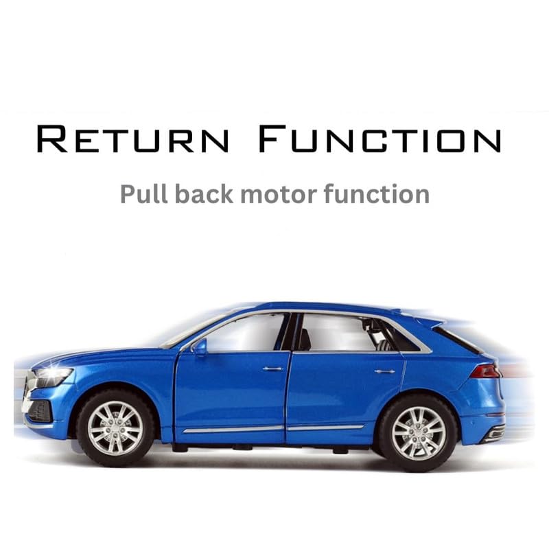 Image of Kids Model 1:32 Q8 Die Cast Metal Car Pull Back Action Opening Doors with Realistic Engine Sound Lights Toy Car Gift for Boys - Blue