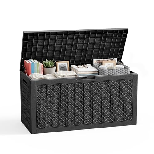 100 Gallon Resin Deck Box, Lockable Patio Outdoor Storage Box for Furniture, Garden Tools and Tools Storage, Waterproof Outside Storage Boxes - Patterned black
