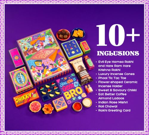 Image of Phool 11-item Rakhi Gift Hamper for Brother | 2 Rakhis, Tic Tac Toe, Incense, Laddoo & Chikki | Raksha Bandhan Gift Set for Bhai rakhi gift hamper brother sister rakhi box gift set combo