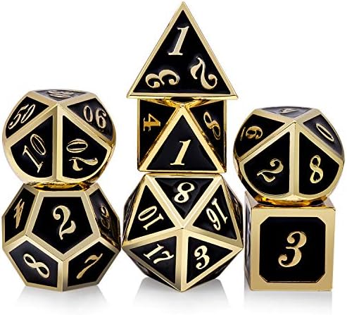 DNDND Metal Dice Set D&D, 7 die Metal Polyhedral Dice Set with Gift Metal Box and Gold Number for DND Dungeons and Dragons Role Playing Games (Black and Gold)