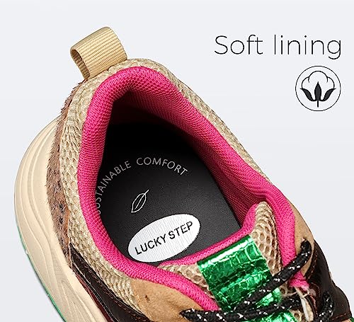 LUCKY STEP Damskie Sneakersy Platformowe Leopard Casual Tenisówki Kolorowe Chunky Buty Podróżne (Kolor wielbłądzi/Beżowy, 11US-42EU-9UK)