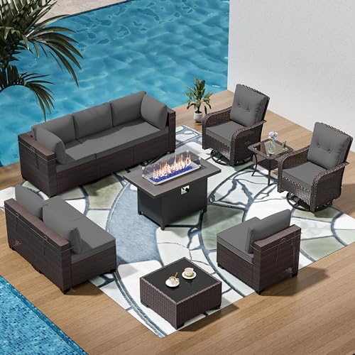 Image of 11 Pieces Outdoor Patio Furniture Set,Outdoor Sectional Furniture with 45 inch 55000 BTU Gas Propane Fire Pit Table,PE Rattan Wicker Patio Conversation Set,Swivel Rocking Chairs Set,Grey