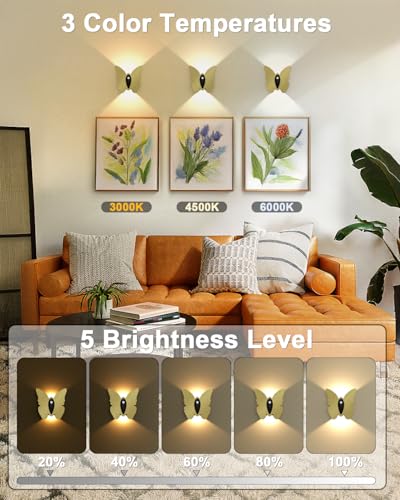 Image of Eneru Motion Sensor Wall Sconce Set of 2, Rechargeable Wall Lights, Indoor | 5000mAh Battery Operated Wall Sconces, Motion Activated, Magnetic Butterfly Night Light for Hallway Stair Closet Pantry, Gold